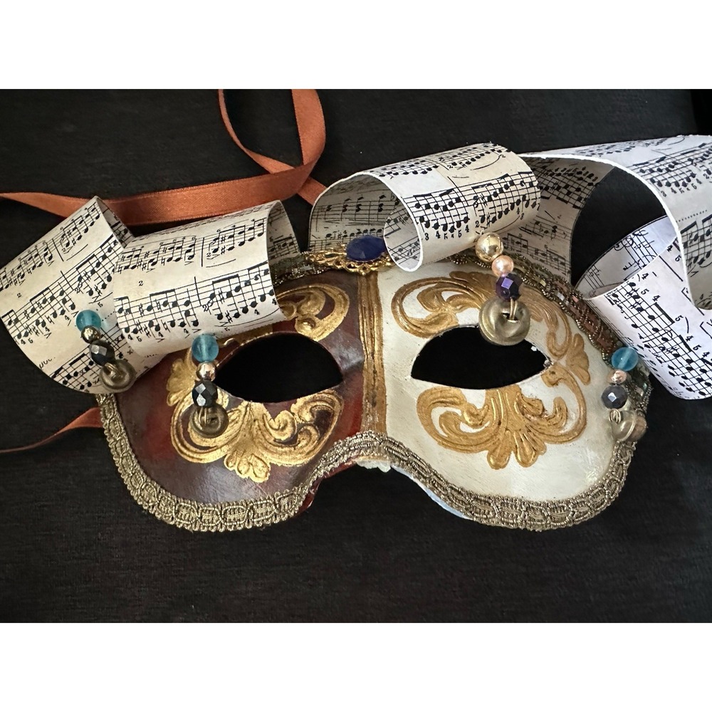 Venetian Music Themed Carnival Mask~burgundy, Ivory, Gold w/ Beads~Made In Italy